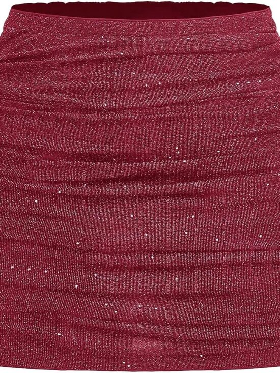 Dresses & Skirts - Women's Plus Size Sparkly Ruched Bodycon Mini Skirt Elastic High Waist Concert G